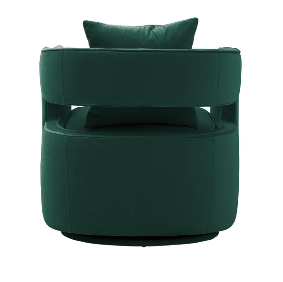 Green swivel accent chair with rounded arms and plush backrest