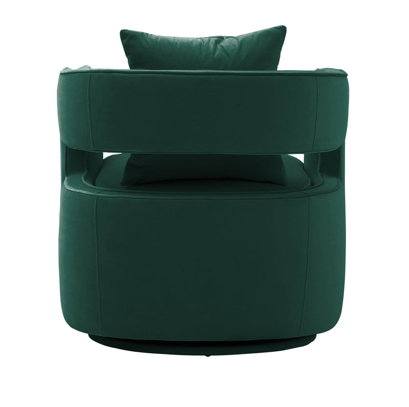 Green swivel accent chair with rounded arms and plush backrest
