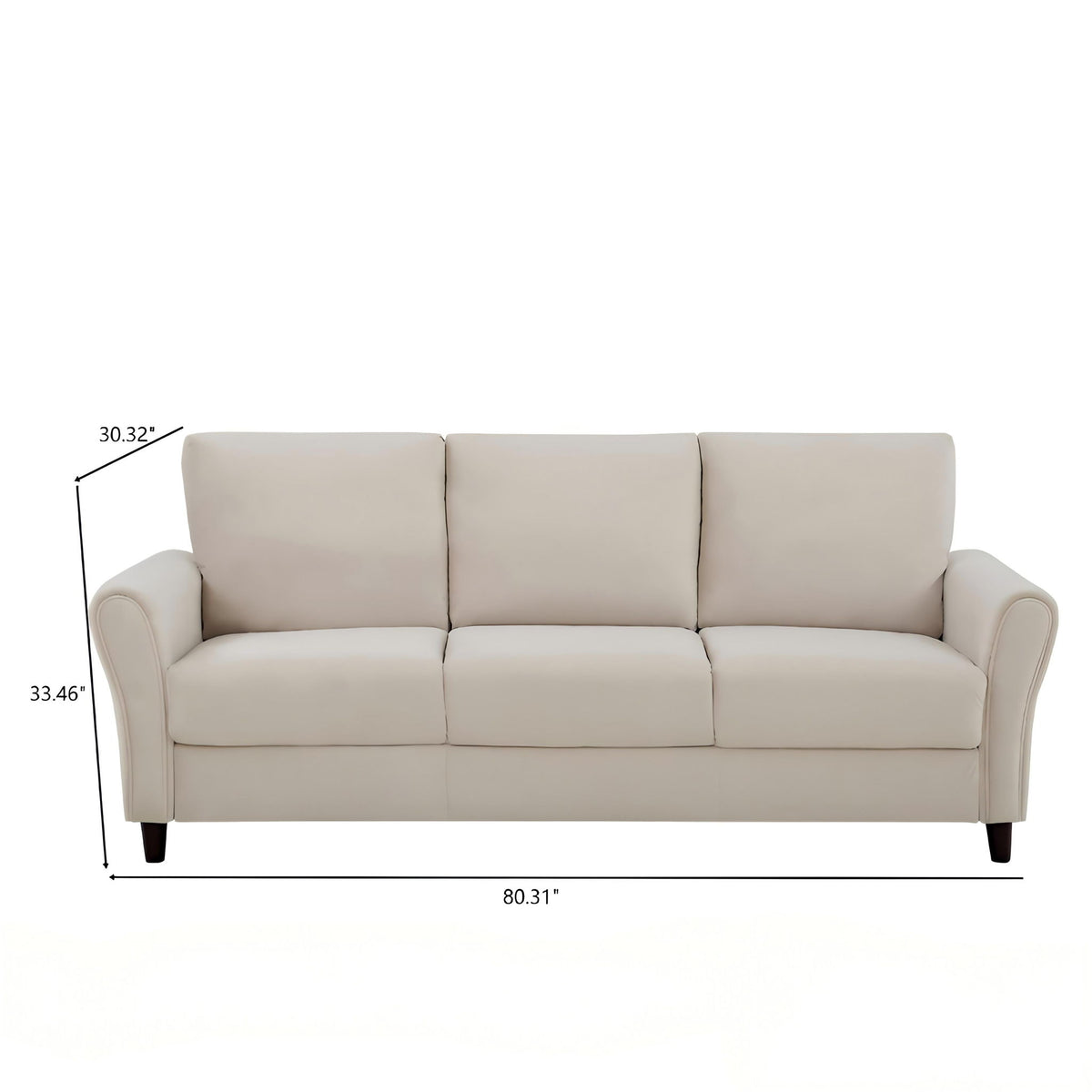 Beige 3-seat sofa with curved arms, three back cushions, and tapered legs.