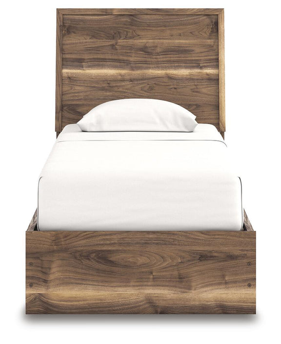 Dark brown panel bed with storage drawer front and tall headboard