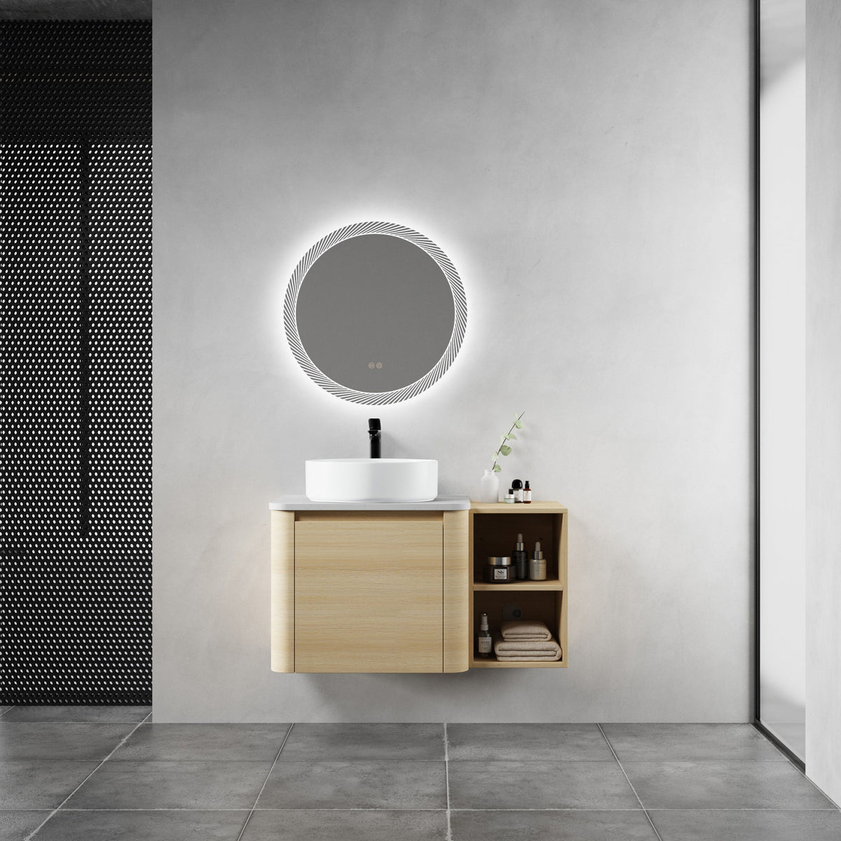 Bathroom vanity with white vessel sink and light-wood cabinet with open side shelf and door.