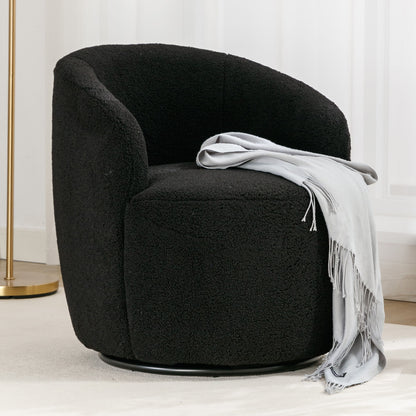 Dark teddy-fabric swivel armchair with dark metal base ring and white throw blanket on seat.