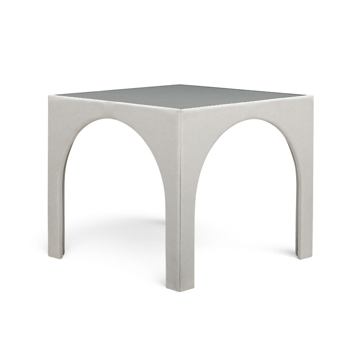White fabric game table with two rounded arch openings and light gray tabletop