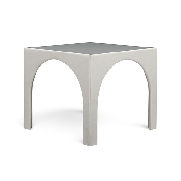 White fabric game table with two rounded arch openings and light gray tabletop