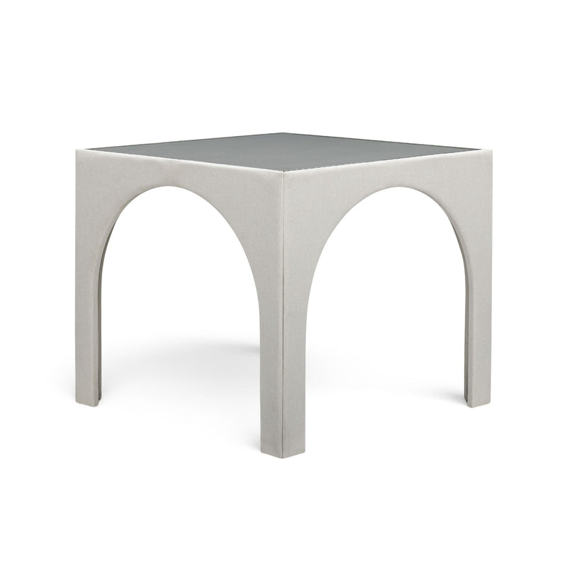 White fabric game table with two rounded arch openings and light gray tabletop