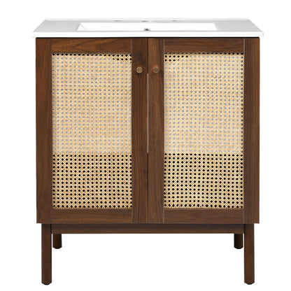 Dark brown bathroom vanity cabinet with two lattice-style door panels and white sink top.