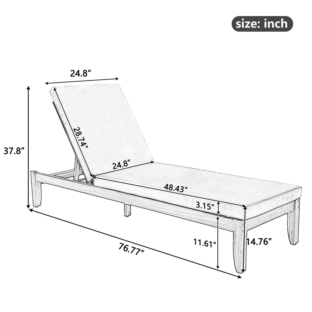 Dimension diagram of adjustable patio chaise lounge with cushioned seat and legs