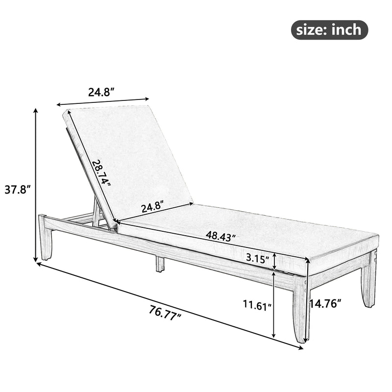 Dimension diagram of adjustable patio chaise lounge with cushioned seat and legs