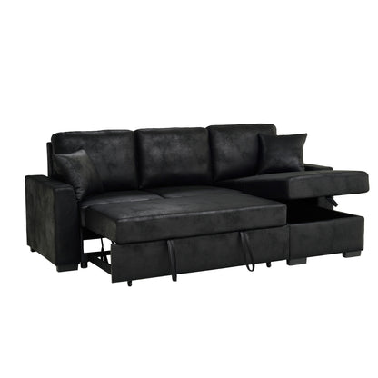 Black upholstered sectional with chaise storage and pull-out bed, low profile