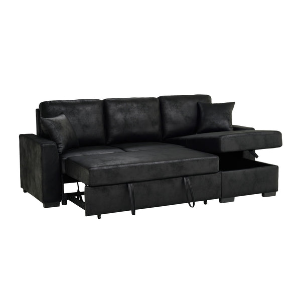 Black upholstered sectional with chaise storage and pull-out bed, low profile