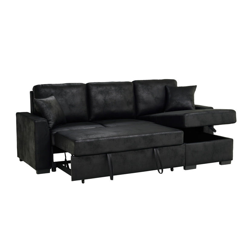 Black upholstered sectional with chaise storage and pull-out bed, low profile