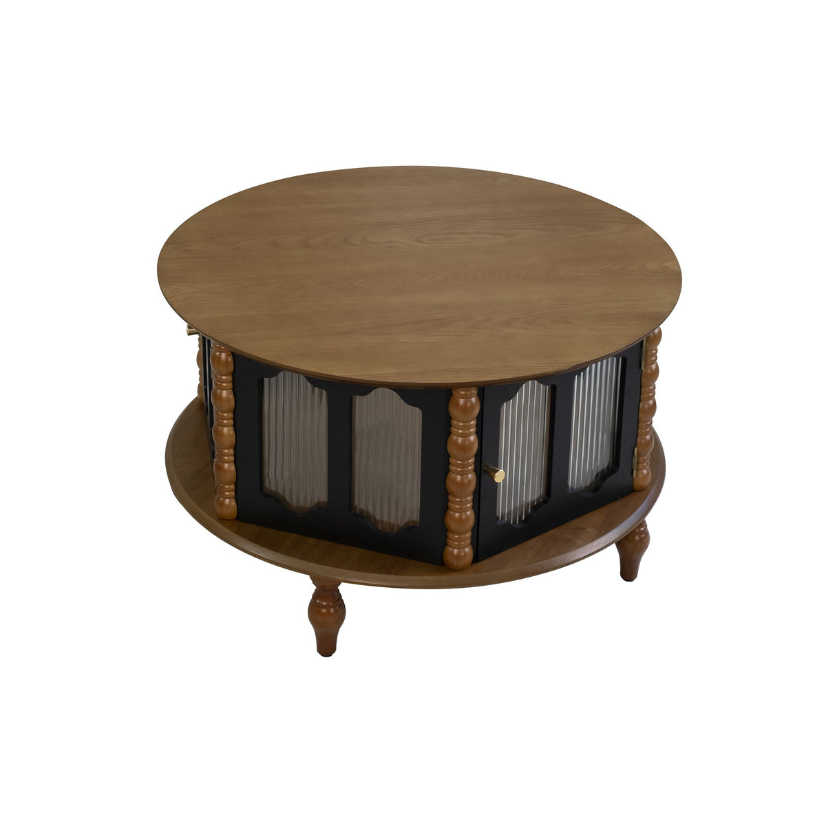 Round dark brown storage coffee table with hinged door and vertical slat panels
