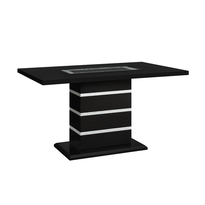 Black bar table with square top, metallic stripe insert, and wide pedestal base