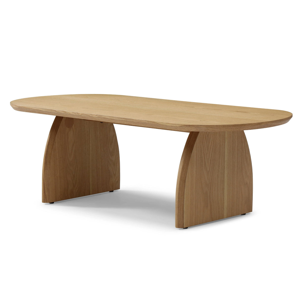 Oval coffee table with light brown wood top and curved pedestal legs
