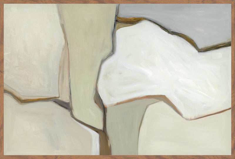 Walnut-framed abstract wall painting with off-white and gray sculpted shapes, close view