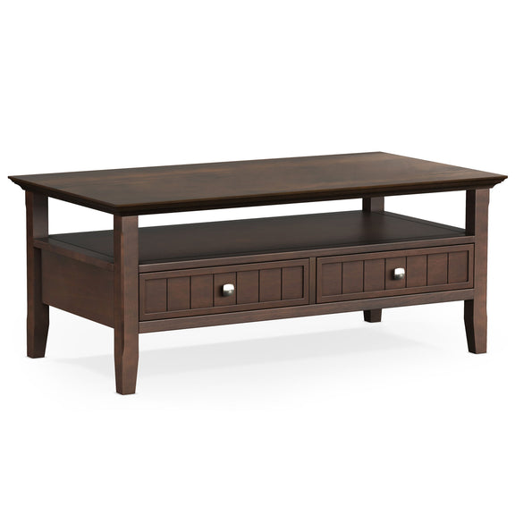 Brown coffee table with drawer and lower shelf
