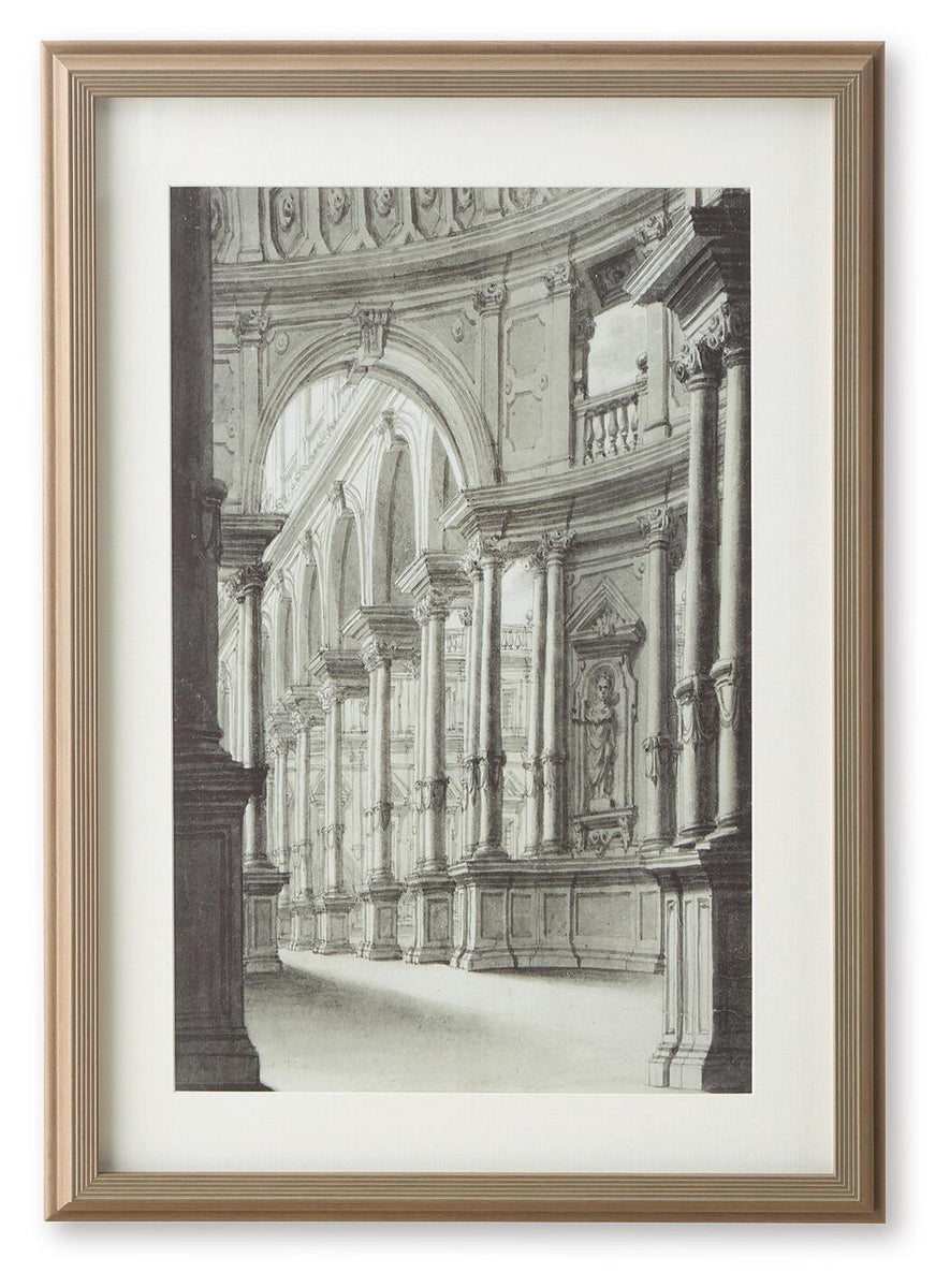 Architectural wall art print in walnut frame, black-and-white interior columns