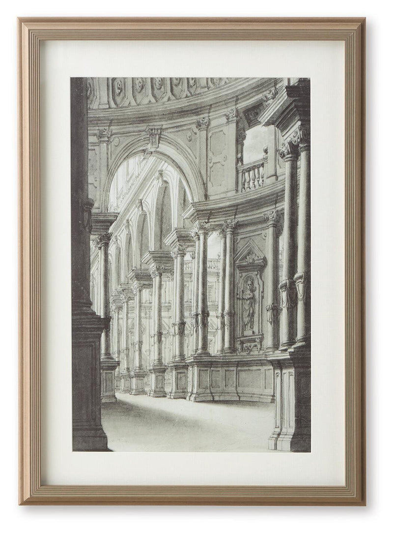 Architectural wall art print in walnut frame, black-and-white interior columns