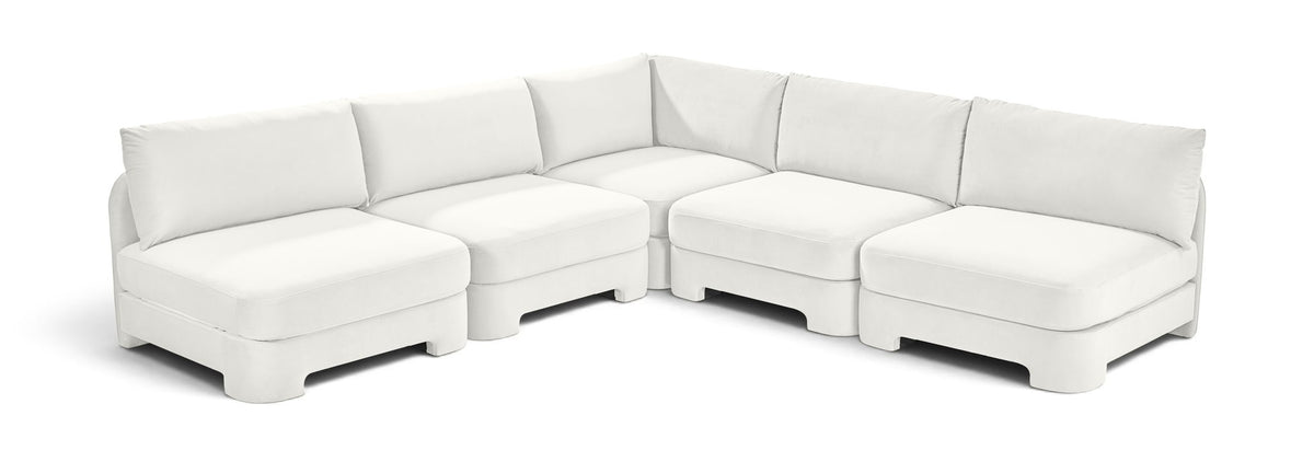White velvet 5-piece armless sectional sofa with corner and ottoman-style seats