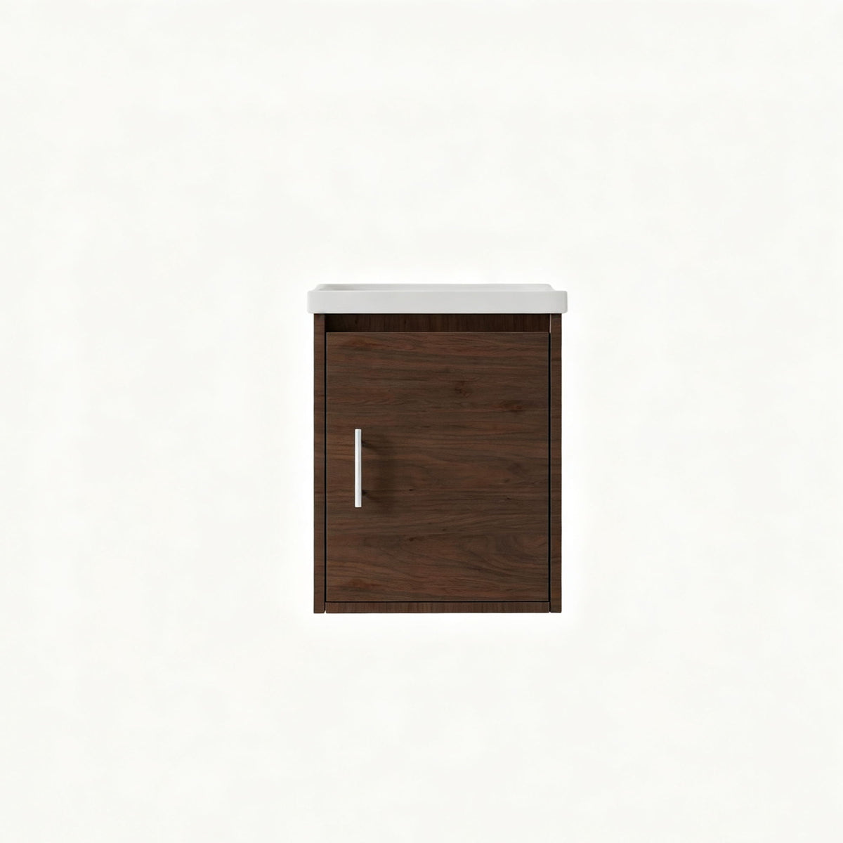 Wall-mounted bathroom vanity cabinet with sink, dark brown wood door and metal handle