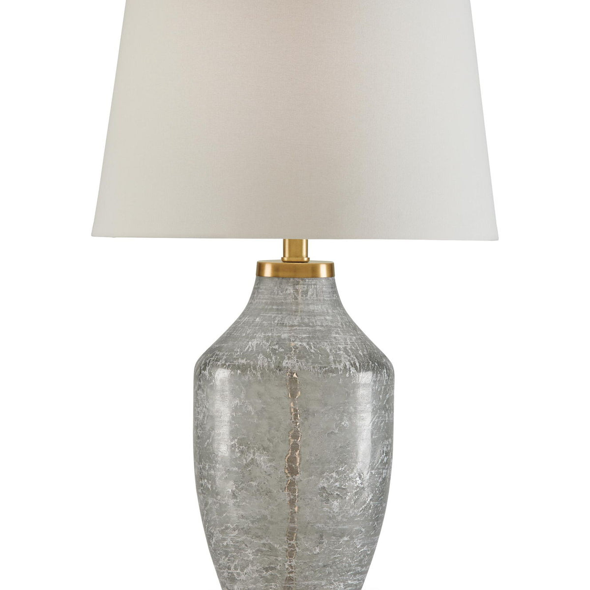 Glass table lamp with clear-gray textured glass base and beige fabric drum shade