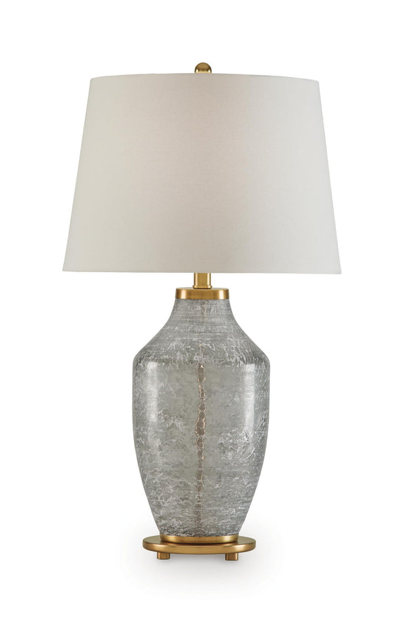 Glass table lamp with clear-gray textured glass base and beige fabric drum shade