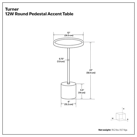 Turner round accent table dimensions: 12-inch top, 23 inches high, 6-inch base