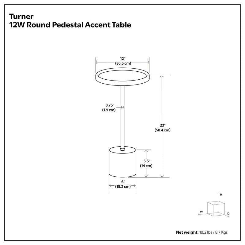 Turner round accent table dimensions: 12-inch top, 23 inches high, 6-inch base