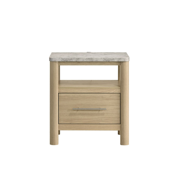 Natural wood nightstand with open shelf and single drawer, silver bar pull
