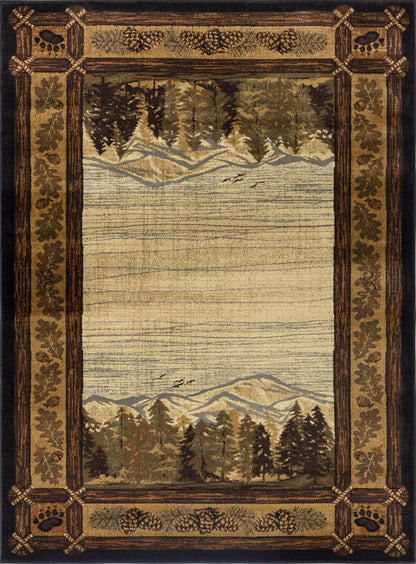 Lodge area rug with cream landscape panel, forest and mountains, dark ornate border