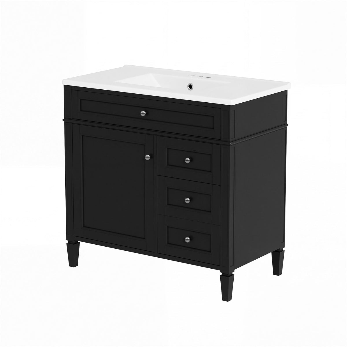 Black bathroom vanity with white sink, one door, three drawers, tip-out drawer and tapered legs