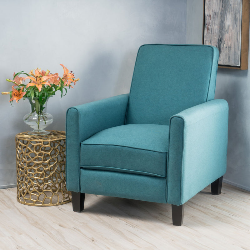 Teal upholstered push-back recliner chair in side view with armrests