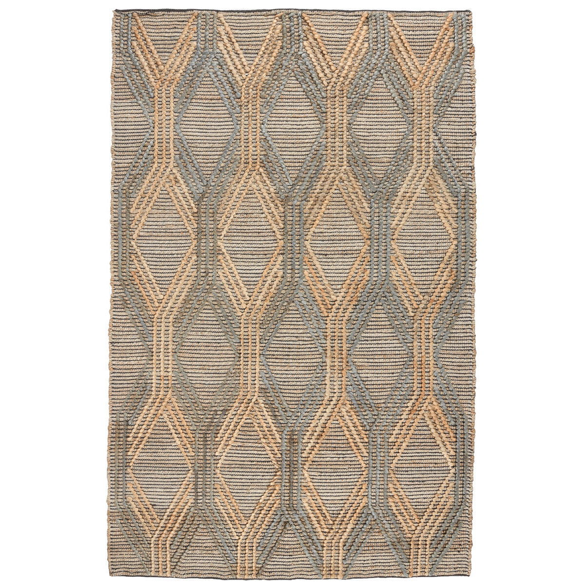 Geometric patterned area rug with beige and muted blue-gray ovals and diamond lines.