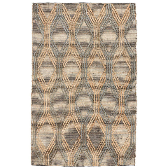 Geometric patterned area rug with beige and muted blue-gray ovals and diamond lines.