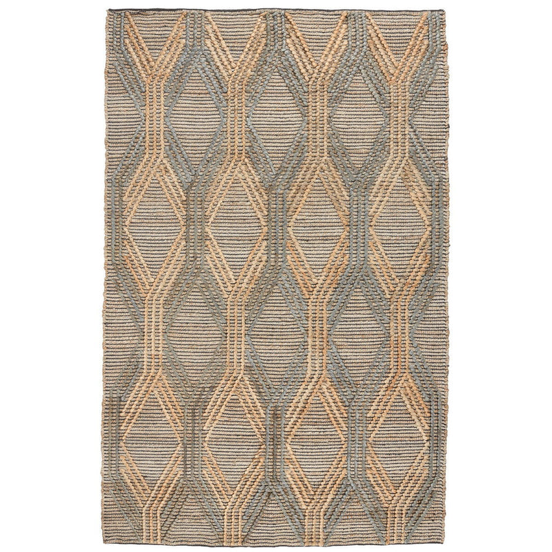Geometric patterned area rug with beige and muted blue-gray ovals and diamond lines.