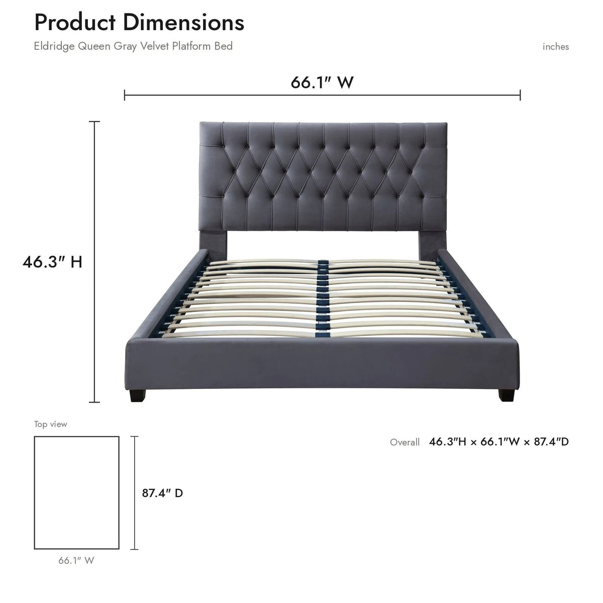 Dark gray upholstered platform bed with tufted button headboard and low frame