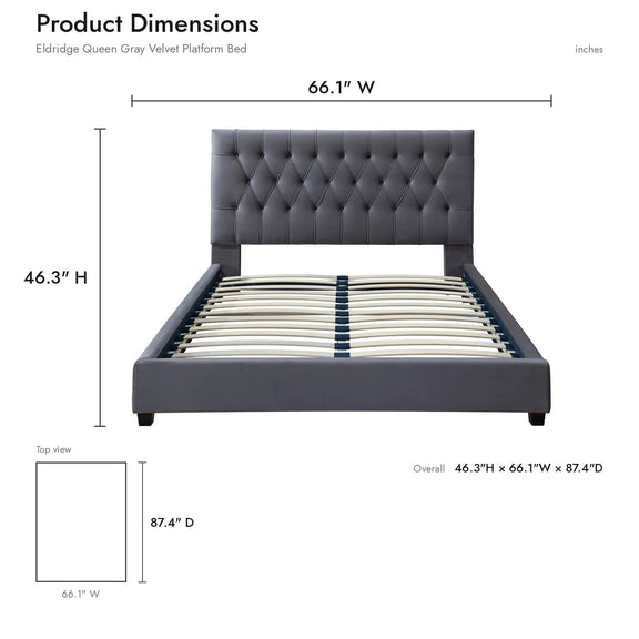 Dark gray upholstered platform bed with tufted button headboard and low frame