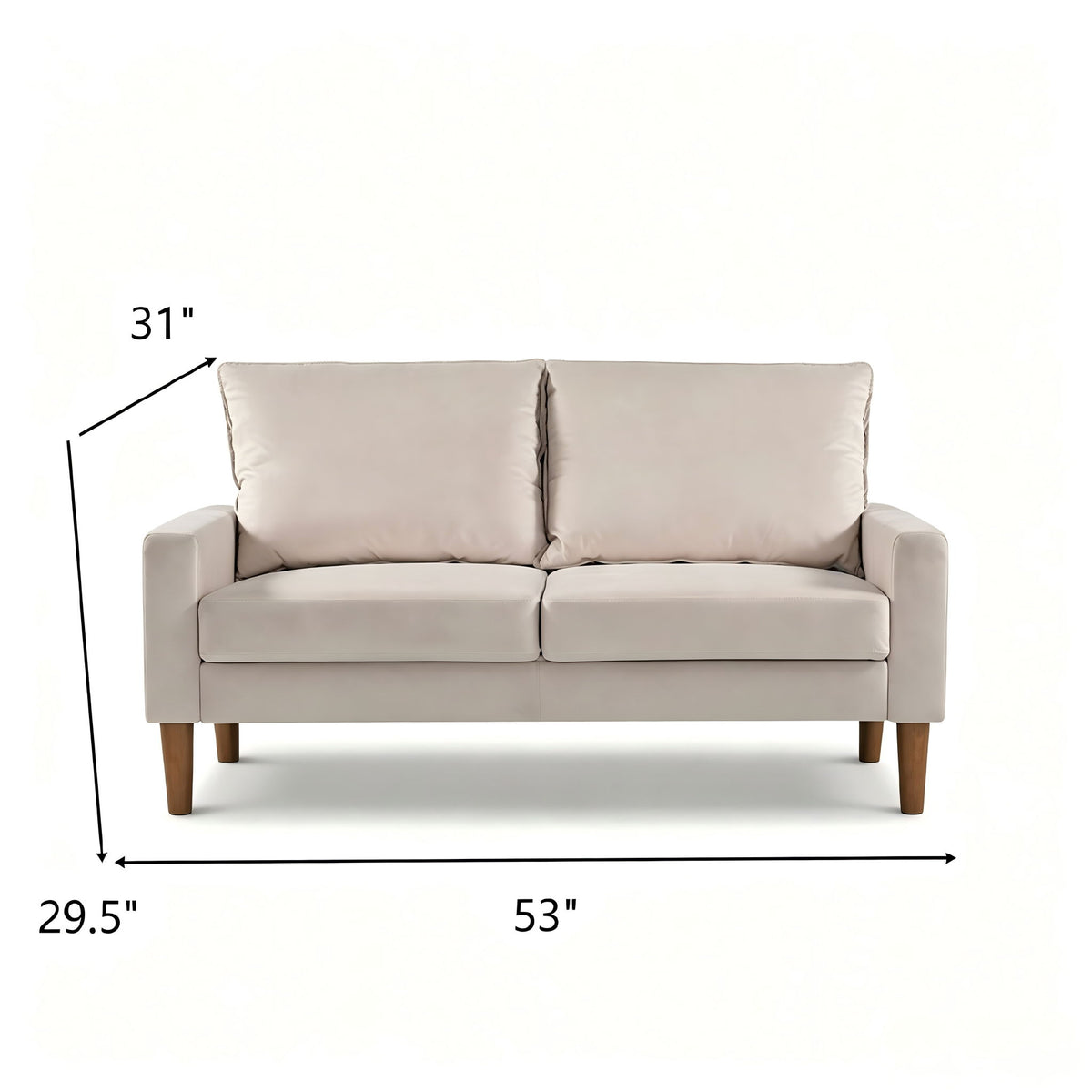 Beige upholstered loveseat sofa with two seat cushions and side arms