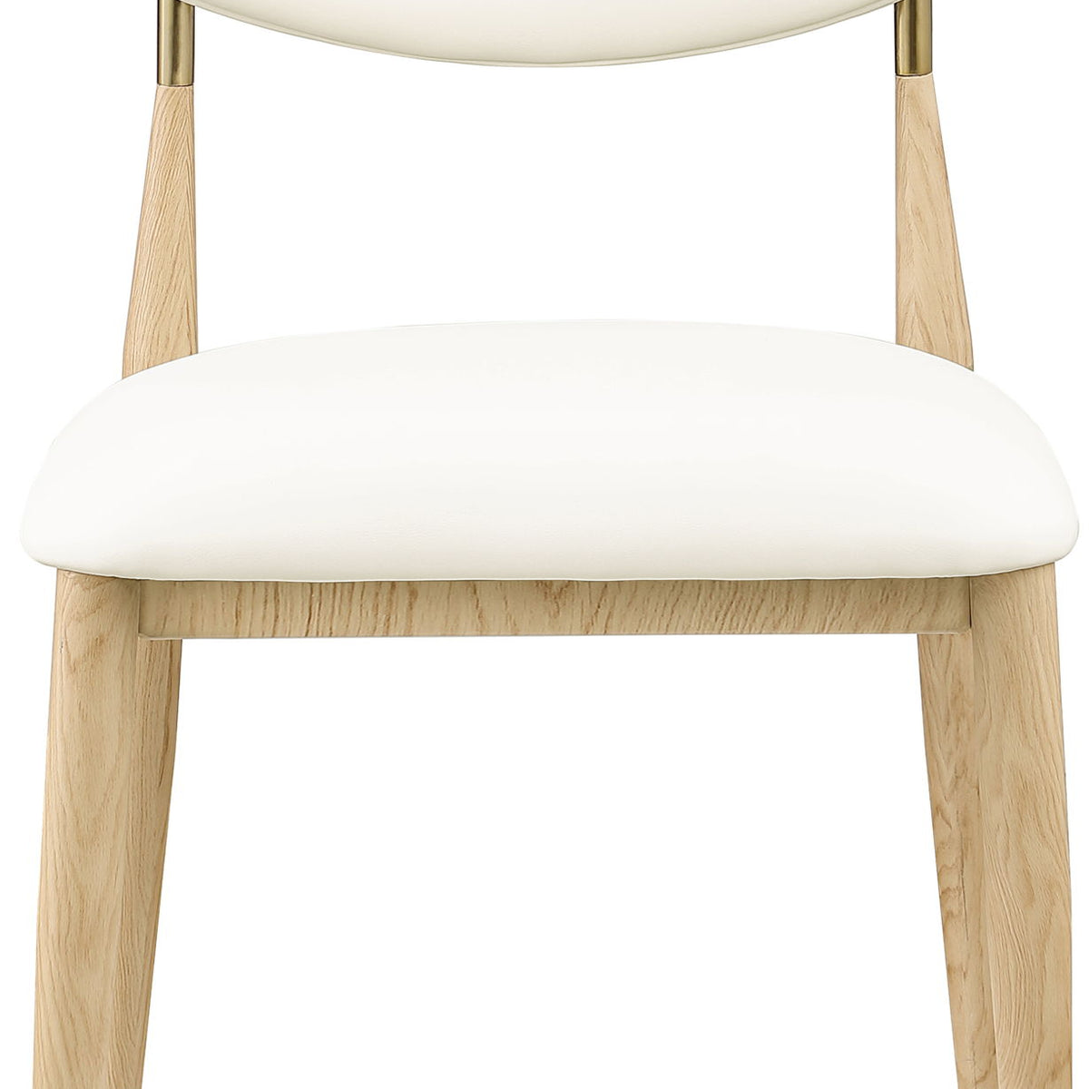 Vegan leather dining side chair with white cushioned seat and light wood legs