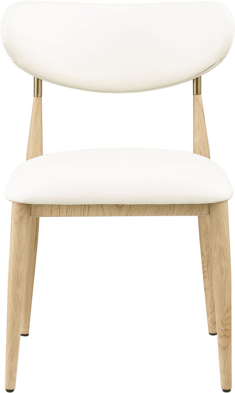 Vegan leather dining side chair with white cushioned seat and light wood legs