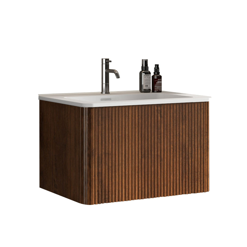 Wall-mounted striped bathroom vanity with ceramic sink, dark brown vertical slat front