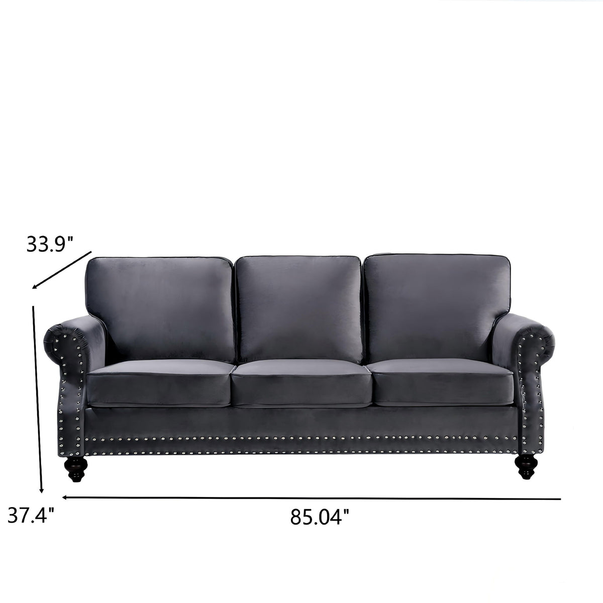Dark gray 3-seat sofa with nailhead trim and turned legs, front view