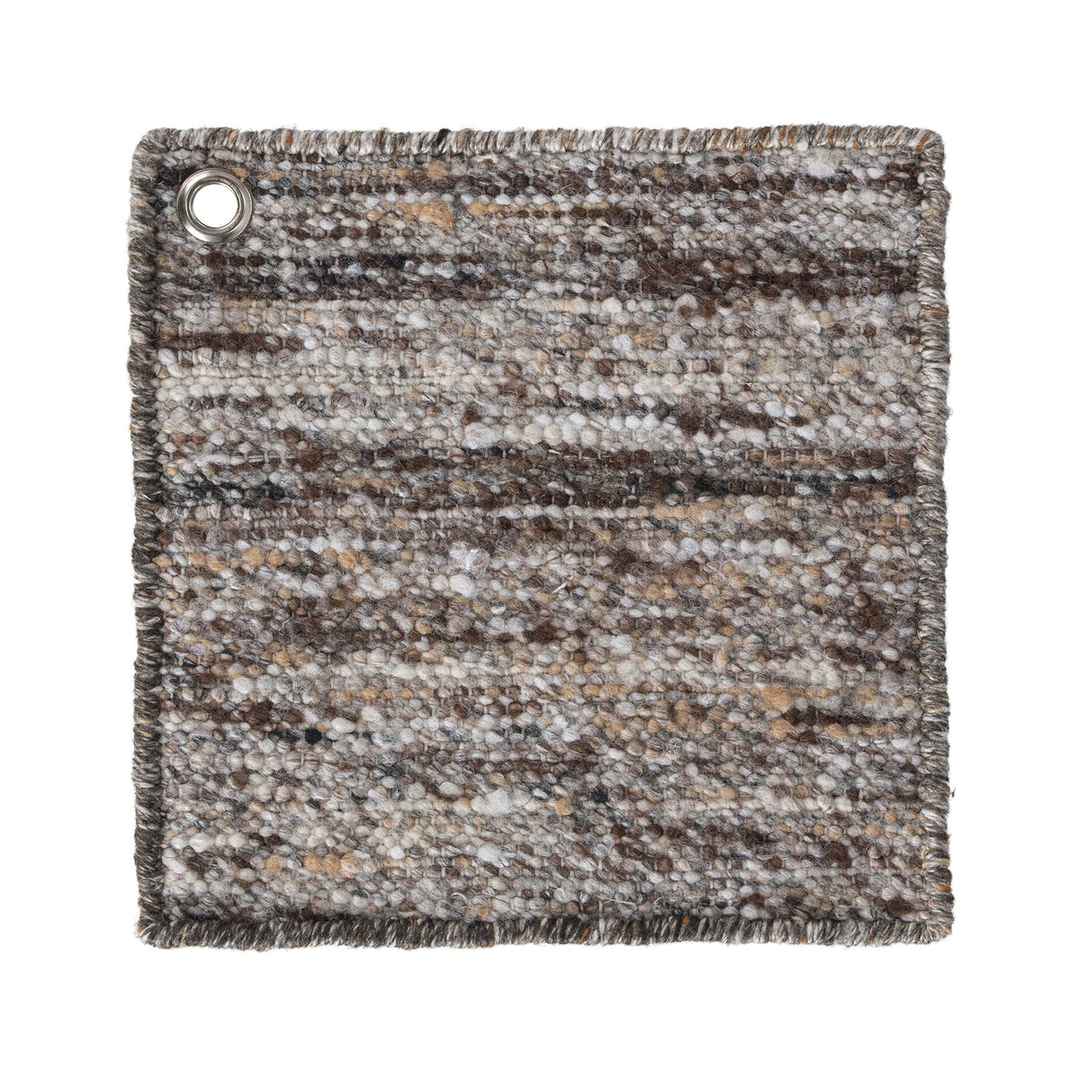 Beige area rug with brown mottled stripes and metal grommet corner
