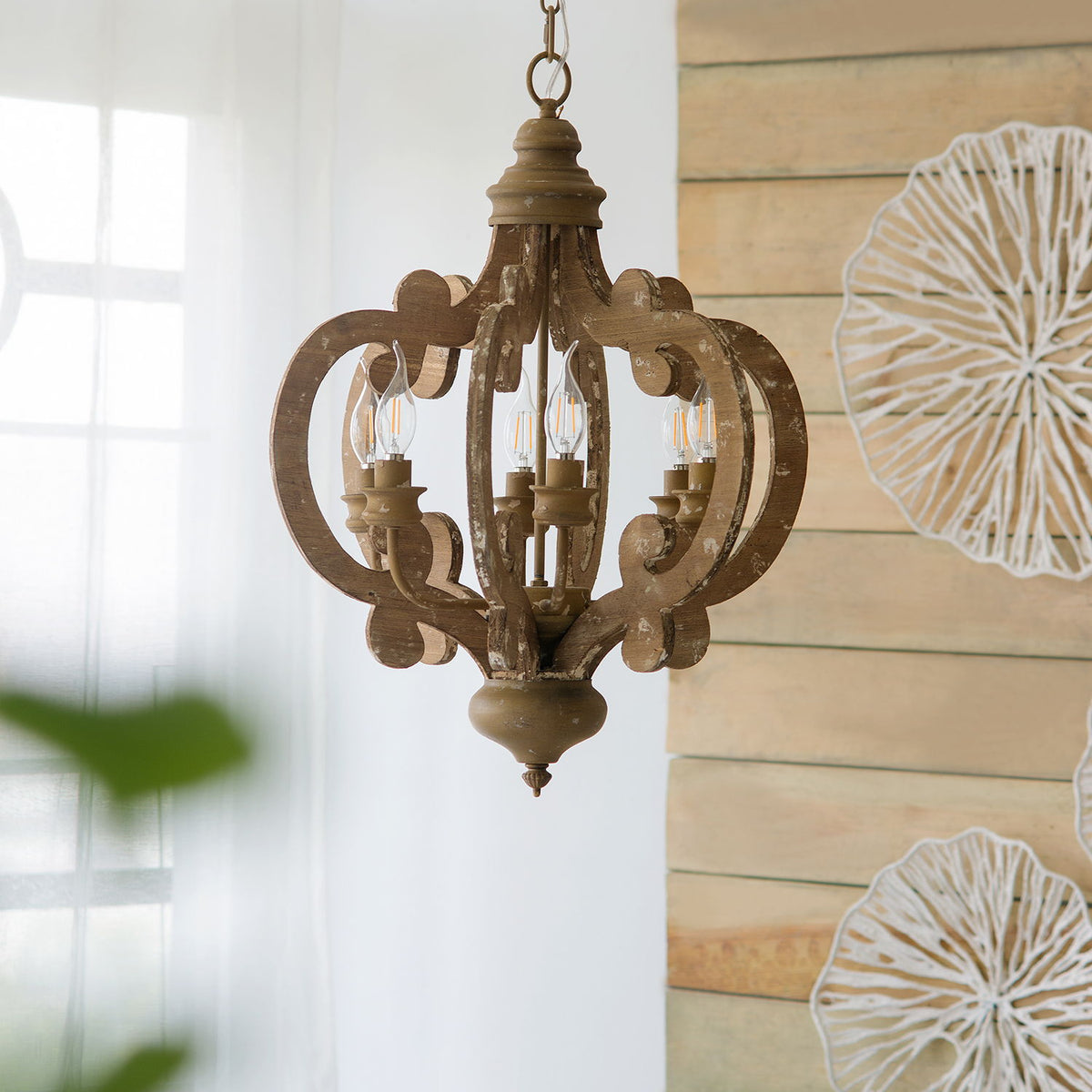 Farmhouse Chandelier, 6 Light Wood Chandelier Pendant Light Fixture With Adjustable Chain For Dining Room Living Room Entryway, Bulb Not Included