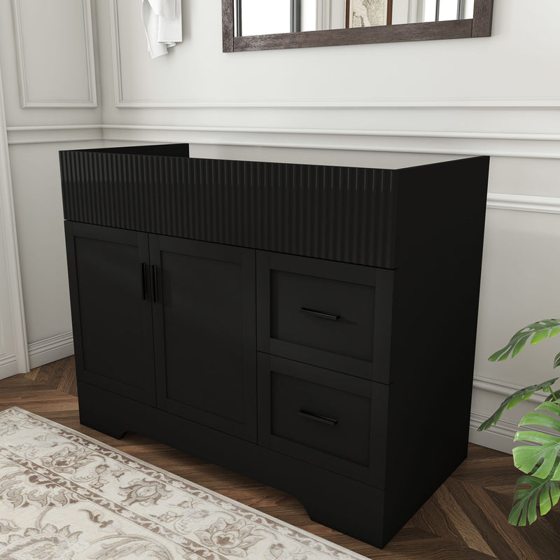 Black bathroom vanity with ribbed top, 2 doors and 2 drawers, bar pulls