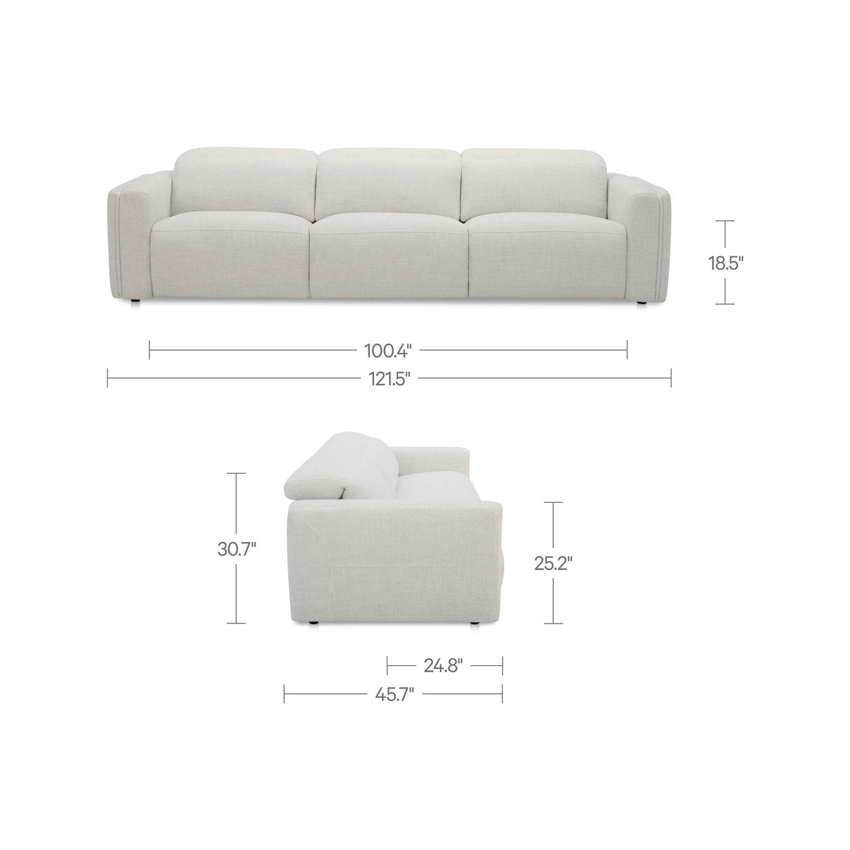 Power recliner sofa size diagram showing dimensions; light flecked oat fabric