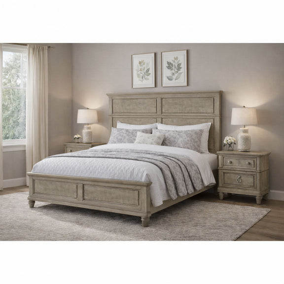 Gray panel bed frame with two side tables and metal-knob drawer storage.