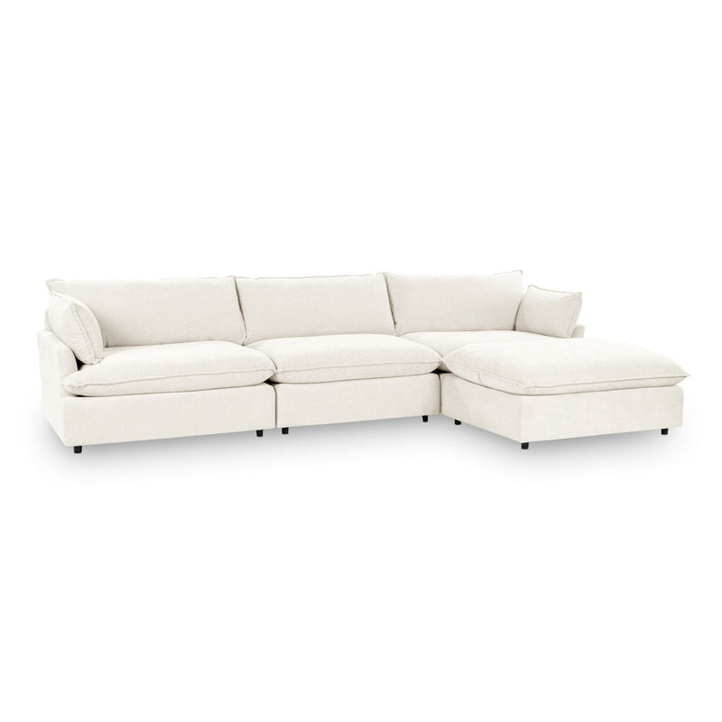 Modular sectional sofa in white with chaise sections and back pillows.