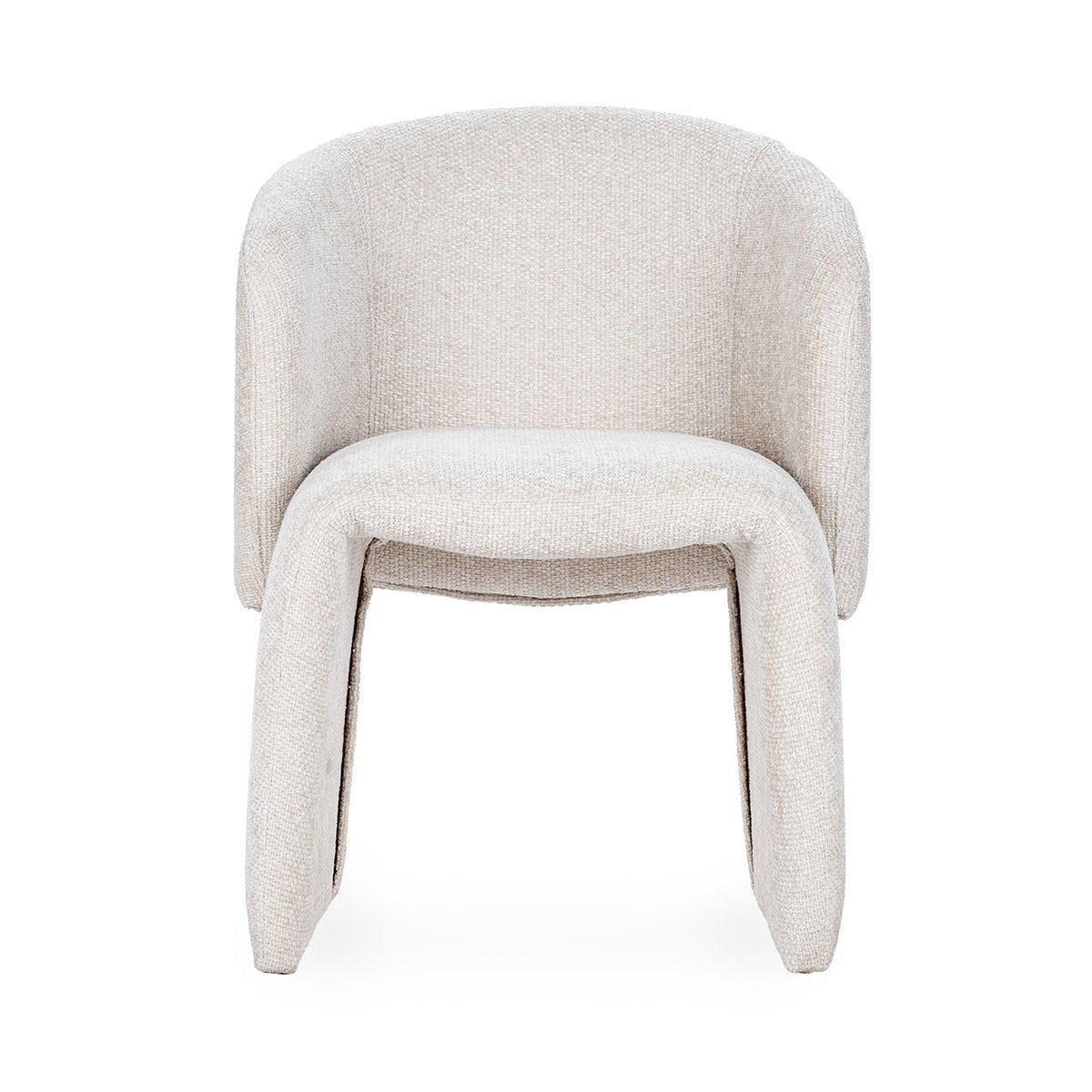 Upholstered dining chair in light cream fabric, front view with rounded back