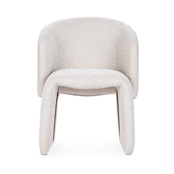Upholstered dining chair in light cream fabric, front view with rounded back